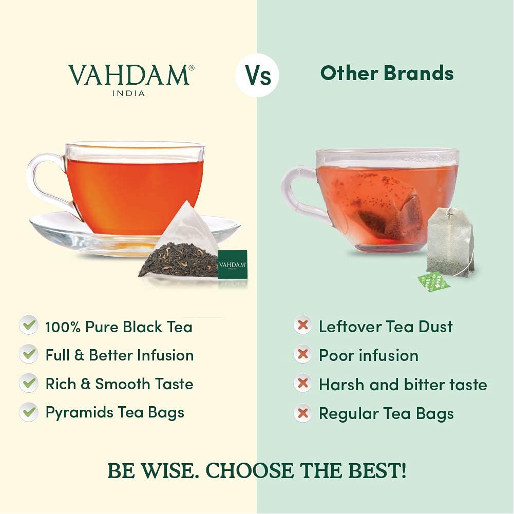 VAHDAM – Bolsas de té negro Earl Grey (100 unidades) con alto contenido de cafeína, sin OMG, sin gluten, hojas de té sueltas enteras con aceite de