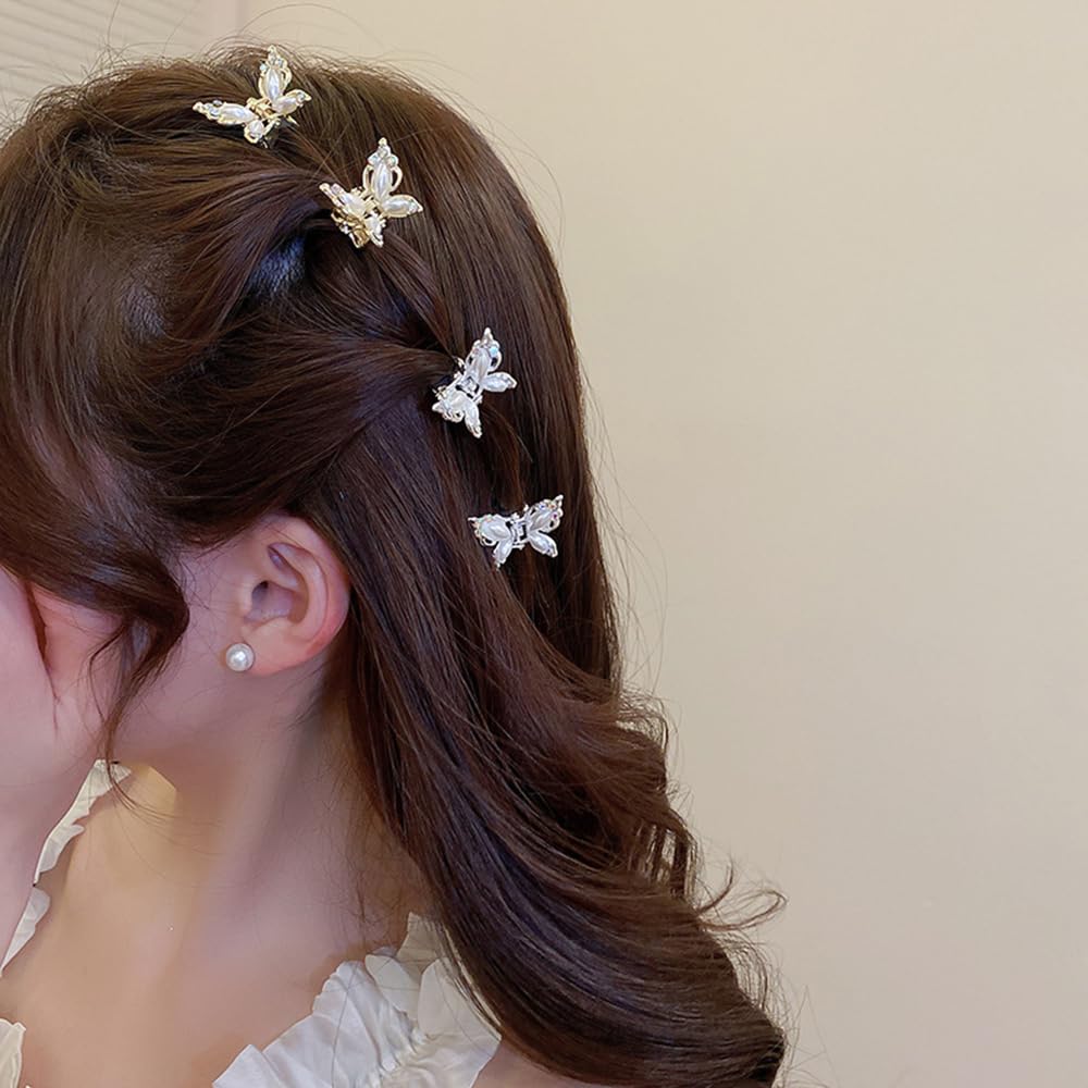 4 pinzas para el pelo de mariposa con diamantes de imitación de cristal, color dorado y plateado con perlas de mariposa, pinzas pequeñas de metal
