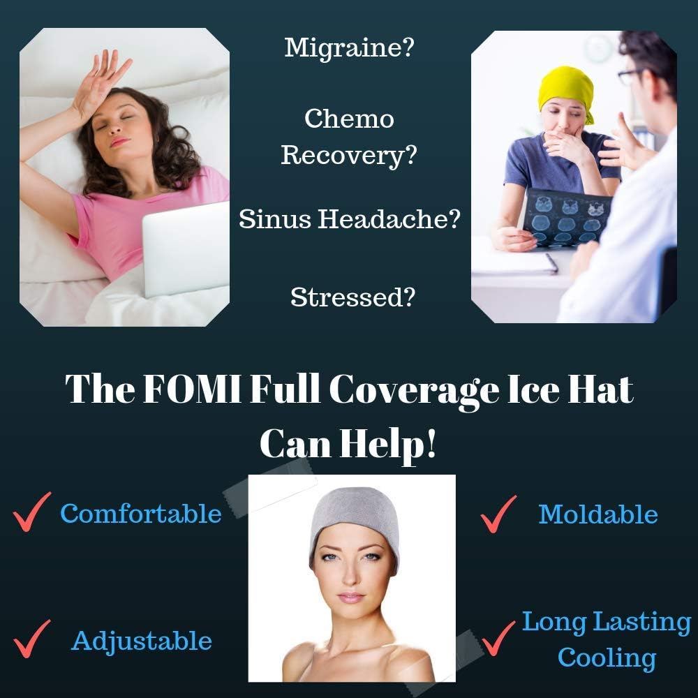 FOMI Care – Gorro de hielo con cobertura completa de gel para migraña, tapa fría craneal, paquete de recuperación de quimioterapia y dolor de cabeza