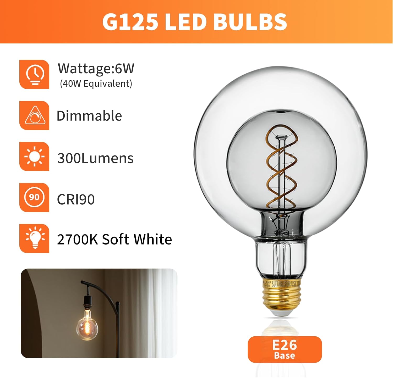 ALAMPEVER Bombillas LED de globo grandes, LED decorativas regulables con 6 W equivalentes a bombillas de 40 W, blanco suave de 2700 K, base E26, 300