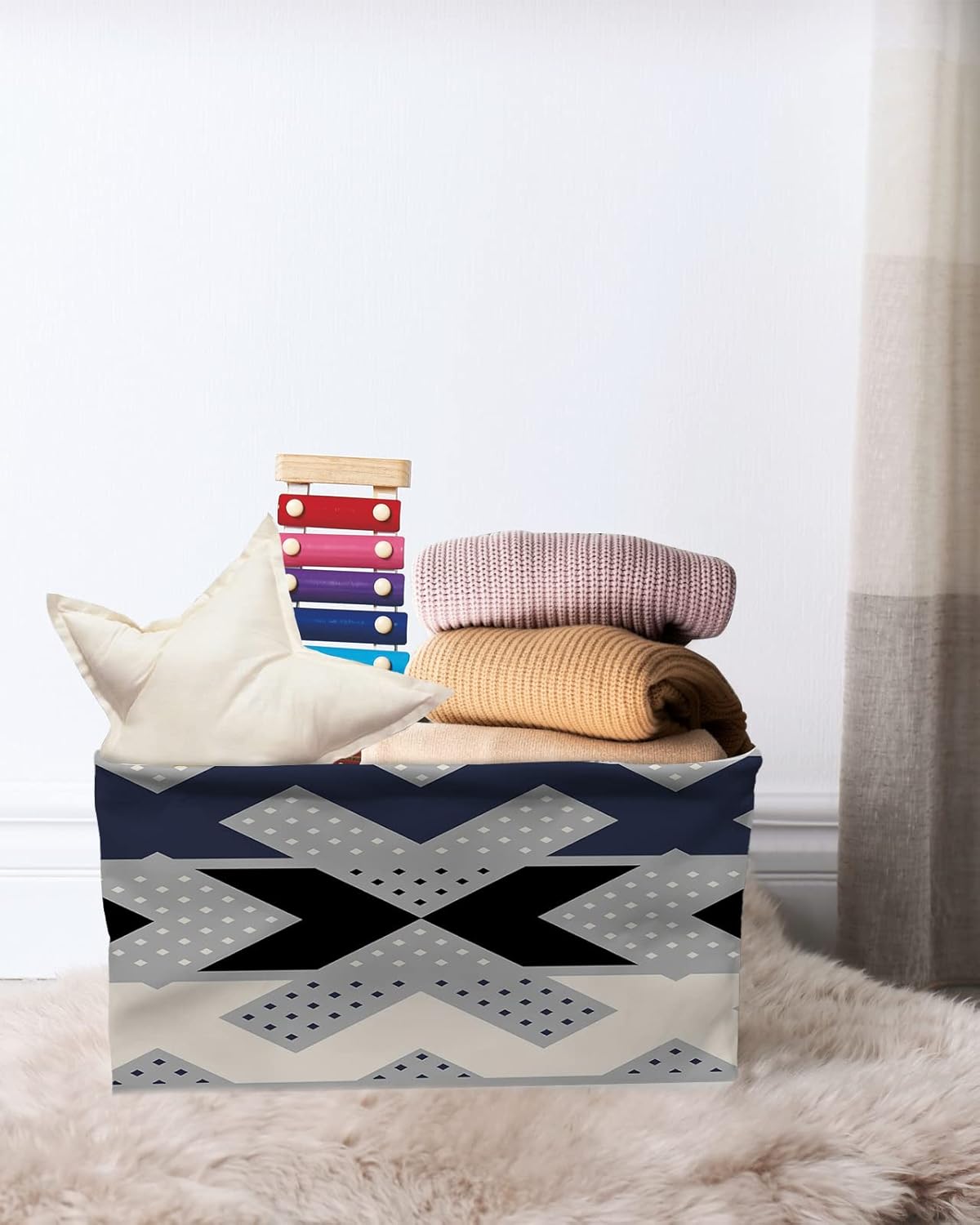 Navy Blue Black White Storage Basket for Organizing Shelves, Collapsible Storage Bins Boxes with Handle, Modern Chevron Geometric Polka Dot Art