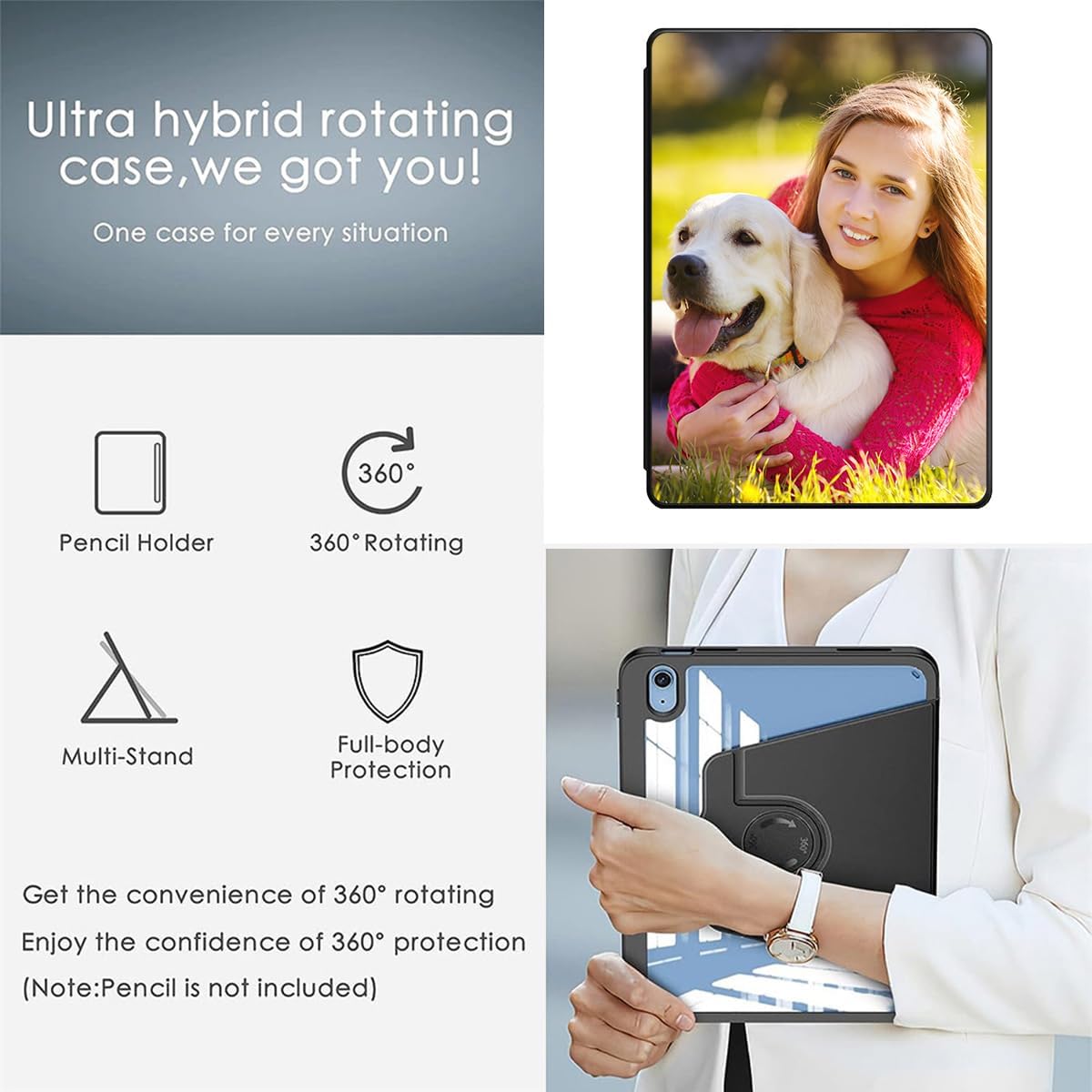 Funda protectora personalizada con soporte giratorio de 360 grados con logotipo y foto con parte trasera transparente y reposo inteligenteencendido