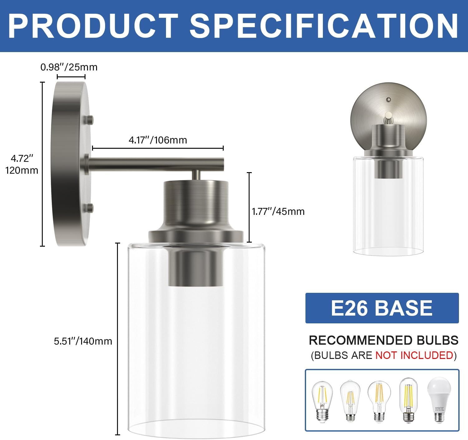 GORDNWE Aplique de pared de baño de 1 luz, luz de tocador de níquel cepillado, moderna lámpara de pared con pantalla de vidrio transparente y base