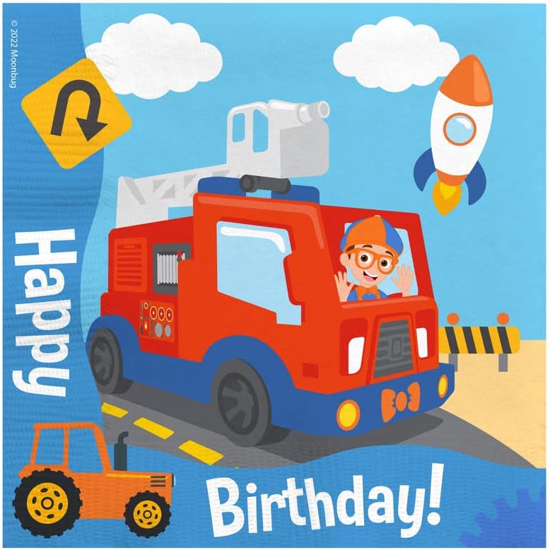 Treasures Gifted Suministros de fiesta de cumpleaños con licencia oficial de Blippi, paquete de 48 servilletas Blippi, suministros para fiesta de