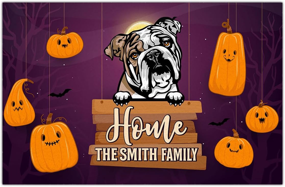Kobalo Tapete personalizado de bulldog inglés, divertido tapete de Halloween para puerta de perro, calabaza aterradora, felpudo de bienvenida, para