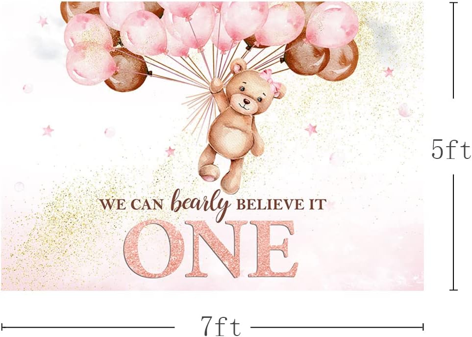 MEHOFOND Telón de fondo de oso para el primer cumpleaños para niñas, con texto en inglés “We Can Bearly Believe It One Happy First Birthday”,