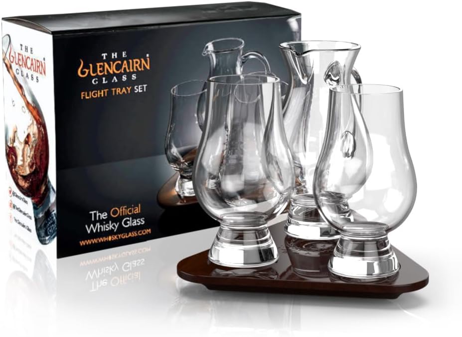 Glencairn – Juego de 2 vasos de whisky oficiales de Glencairn y bandeja de vuelo de agua – Juego de vasos de whisky de degustación para hombres y