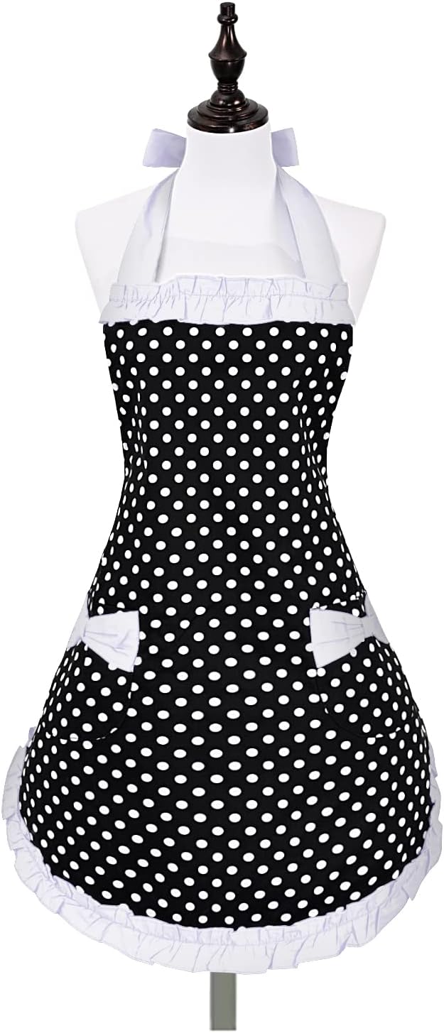 Delantales retro lindos para mujer con bolsillo, delantales vintage de lunares blancos para niñas, delantal con volantes para mujer, delantal de