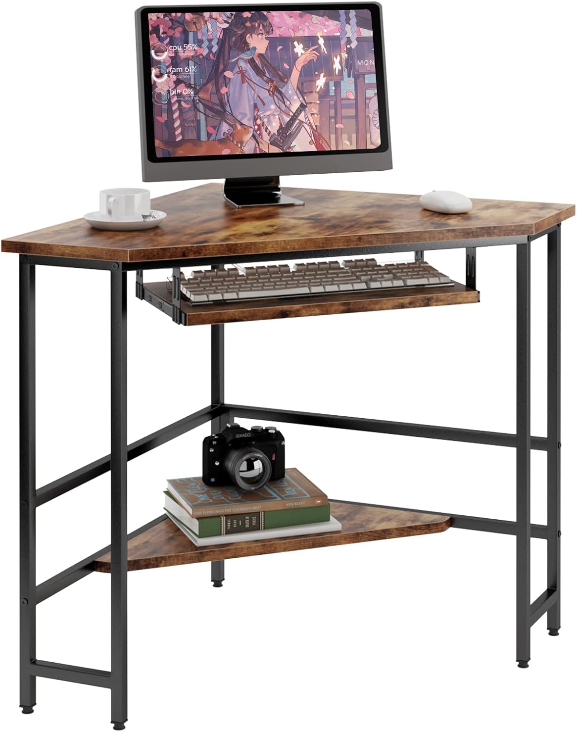 DlandHome Escritorio esquinero triangular para computadora con bandeja para teclado, mesa de computadora portátil, escritorio pequeño para
