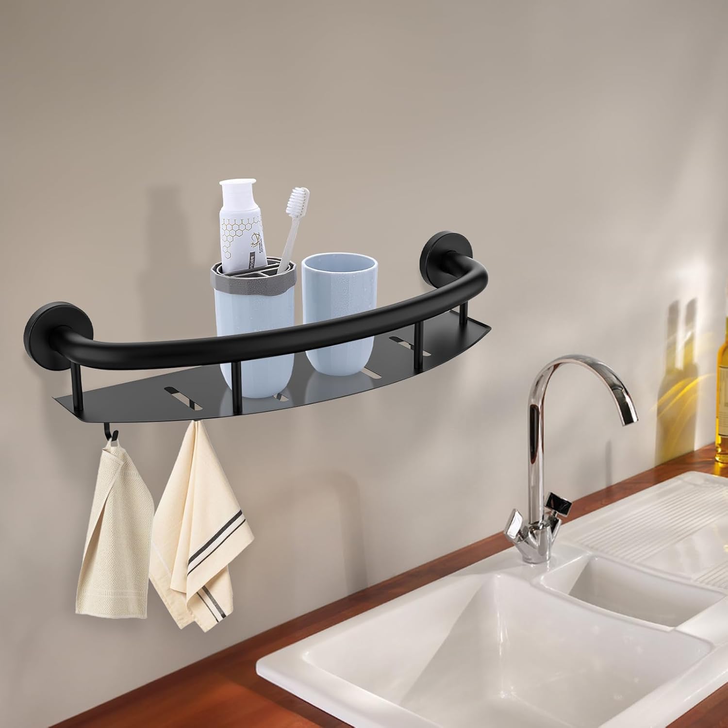 Estante de barra de ducha negro de 18 pulgadas, barra de agarre de acero inoxidable, estante de agarre para champú, estantes de baño de montaje en