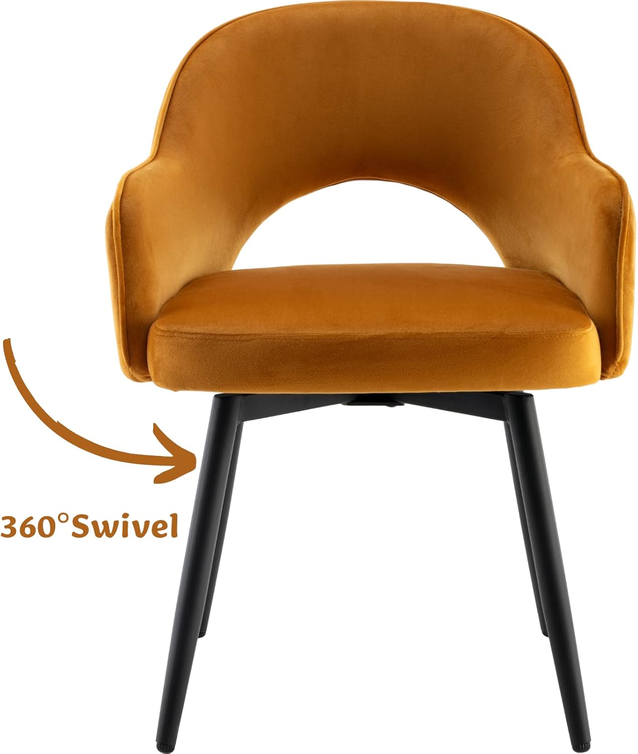 Juego de 2 sillas de comedor giratorias modernas, cómodas sillas laterales tapizadas de tela de terciopelo con respaldo hueco, patas de metal negro