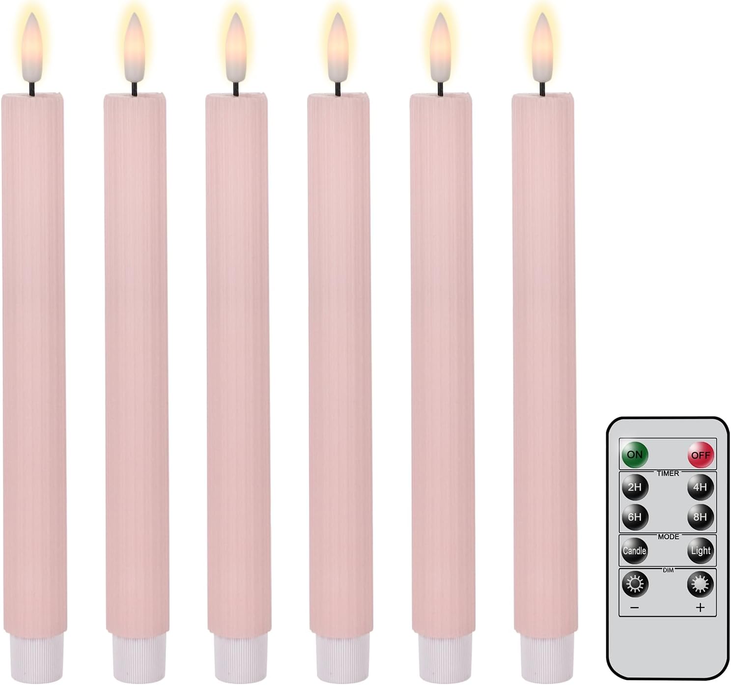 Velas cónicas sin llama parpadeantes con control remoto de 10 teclas, funciona con pilas, velas LED de luz cálida para ventana, a rayas, cera real,