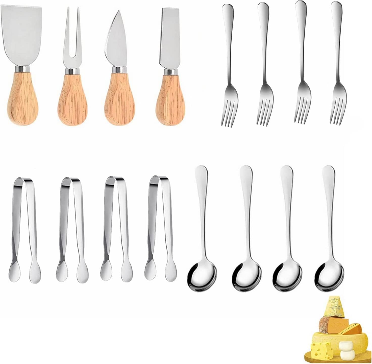 Juego de cuchillos esparcidores, 16 cuchillos esparcidores de mantequilla de queso de acero inoxidable con mini pinzas para servir, cucharas y