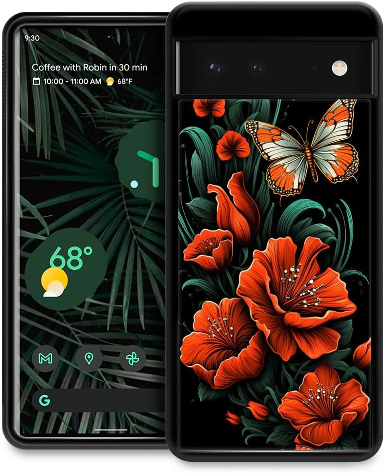 CARLOCA Funda compatible con Google Pixel 7, diseño de mariposa de flores rojas para Google Pixel 7, ultra protección, a prueba de golpes, silicona
