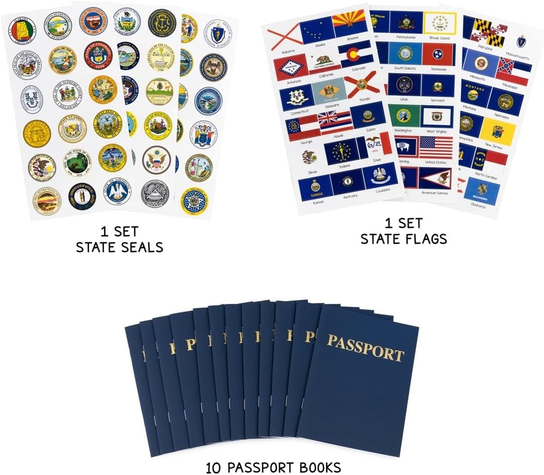 Hygloss Productos 10 libros de pasaporte en blanco con 108 banderas y sellos de Estados Unidos, para niños y profesores, incluye las 50 banderas y