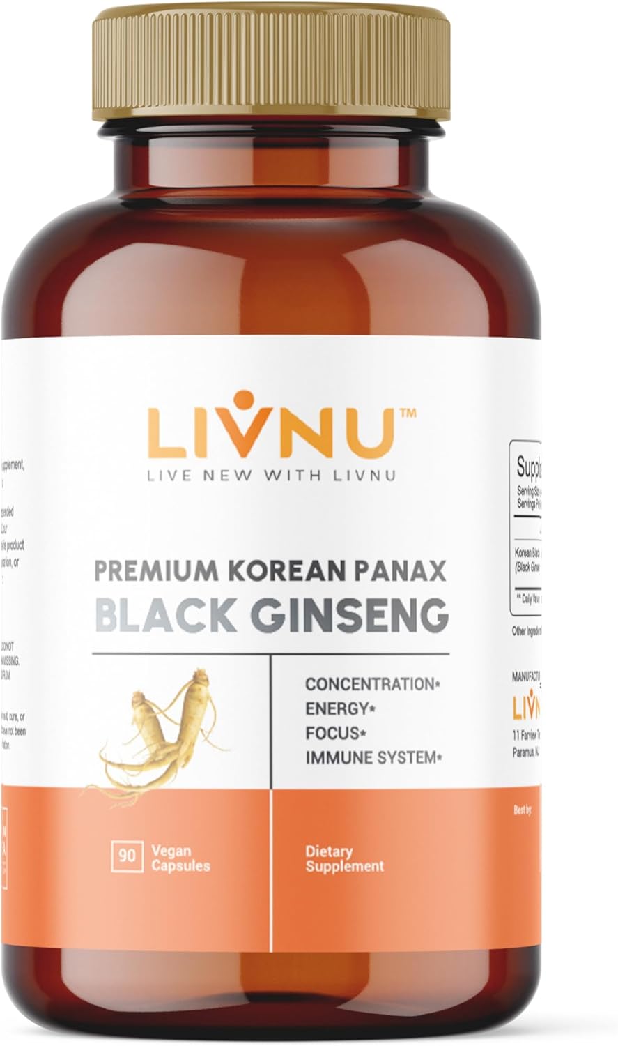 LivNu  Ginseng Panax negro coreano premium  Ginsenósidos altos para energía, concentración, rendimiento, resistencia y apoyo inmunológico  Píldoras