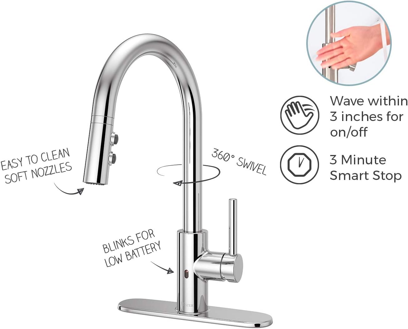 Pfister LG529ESAS Stellen React Touch-Free 1 – Grifo de cocina electrónico extraíble sin contacto con 1 manija, incluye placa decorativa con junta