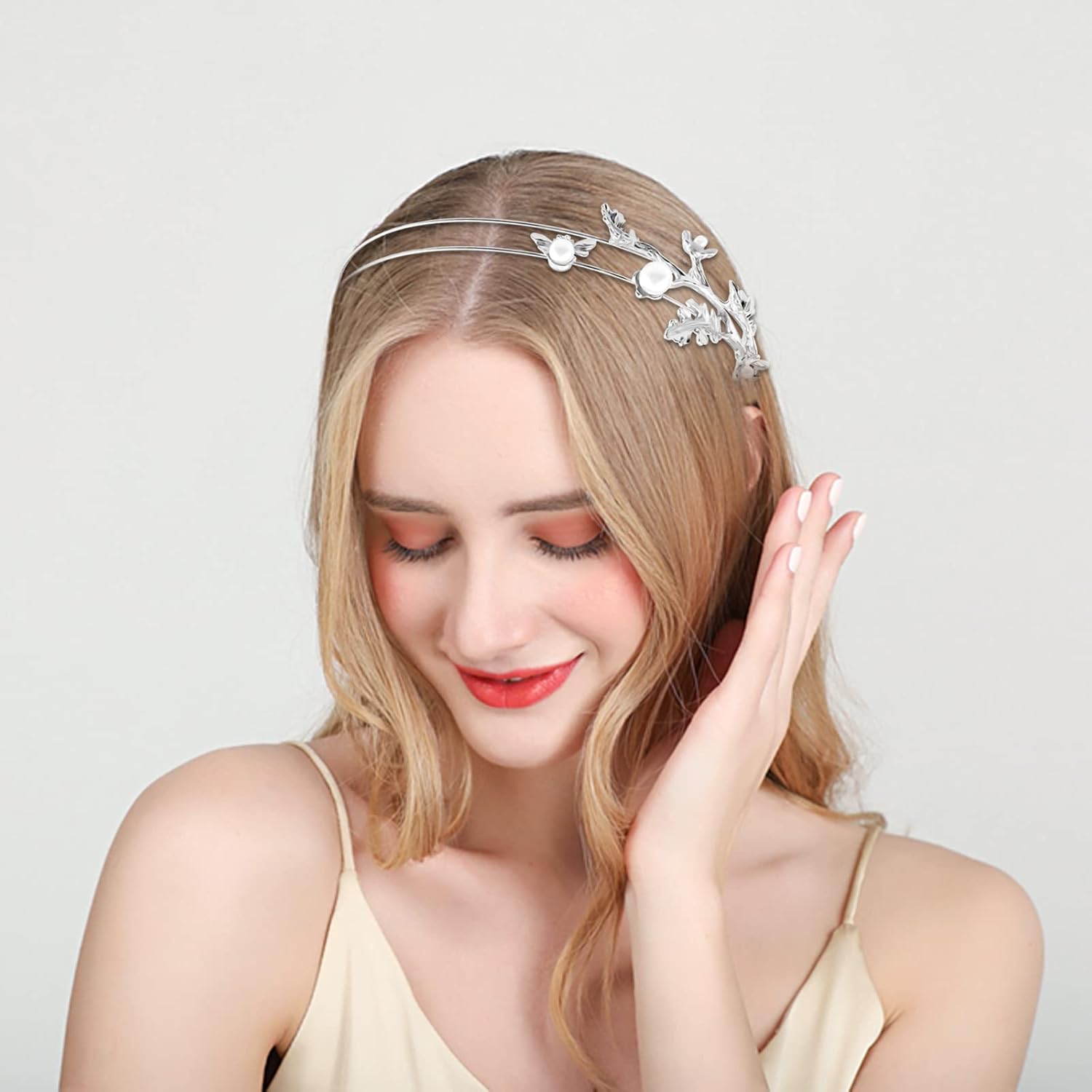 Aswewamt 2 diademas de perlas de hojas de aleación, aros de pelo para novia, accesorios para el cabello, adornos para mujeres y niñas elegantes