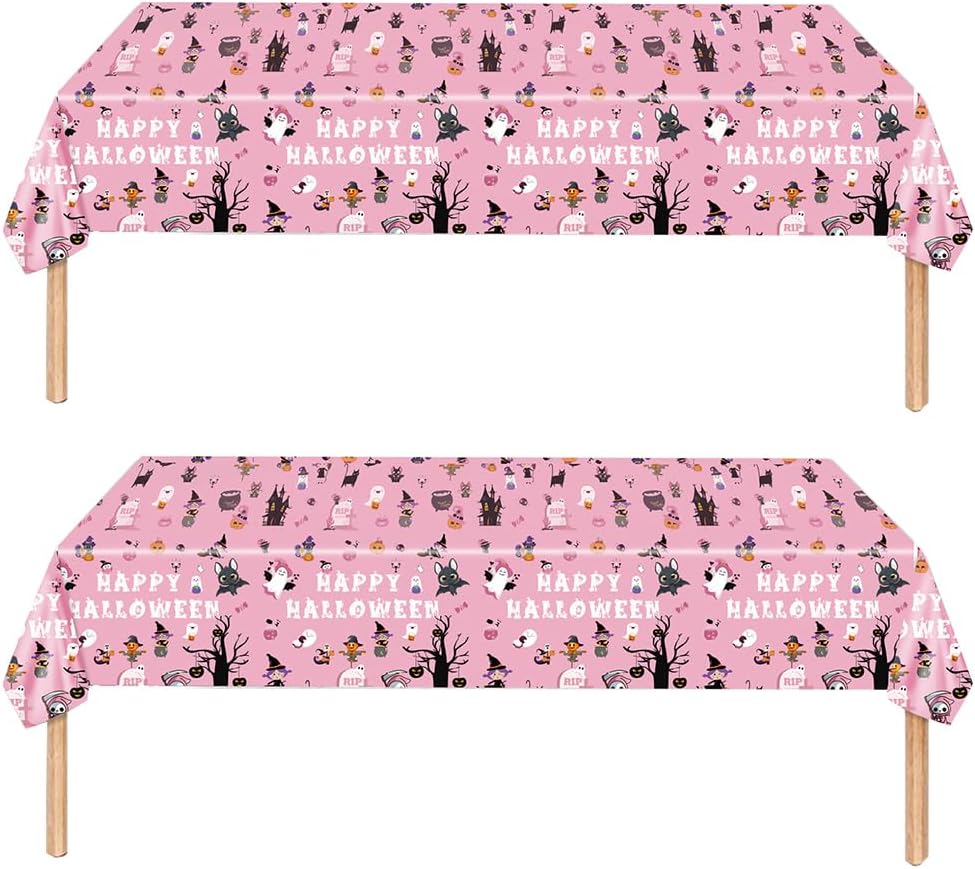 2 manteles desechables de Halloween 2023 con tema de bruja rosa, decoraciones de Halloween para niños, baby shower, mesa de Halloween de bruja rosa,