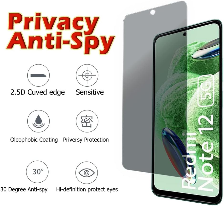 Ytaland – Protector de pantalla de privacidad para Xiaomi Redmi Note 12, 2 unidades Anti Spy Anti Peep sin burbujas, cubierta de película de vidrio