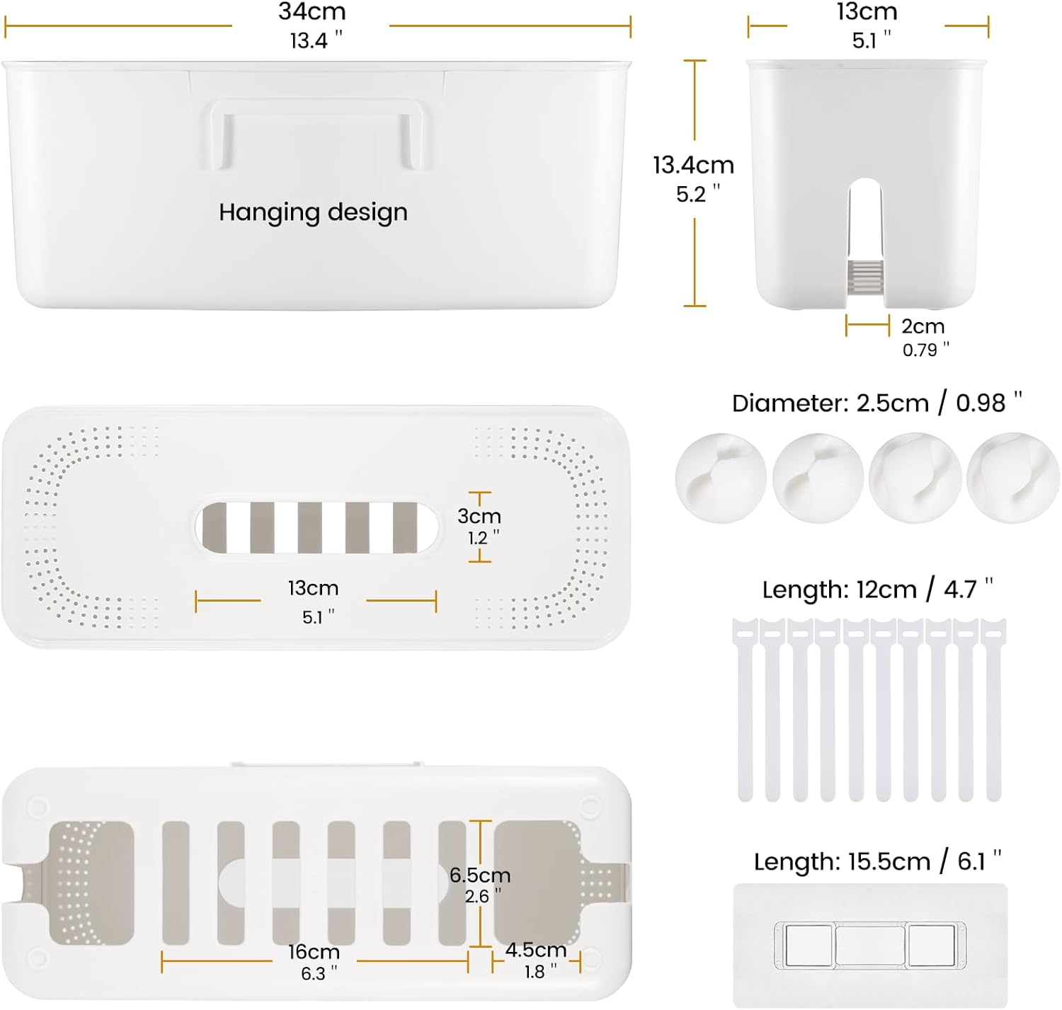 Caja organizadora de cables, caja organizadora de cables de montaje en pared para regletas de alimentación, cargadores, cable de computadora de TV,