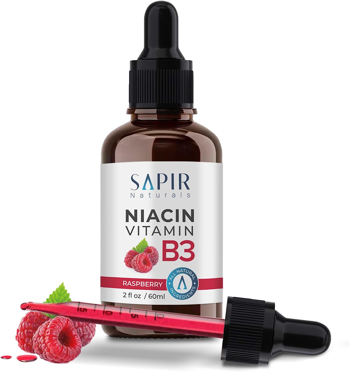 Sapir Naturals Gotas líquidas de vitamina B3 de 2 onzas, suplemento de niacina B3, sabor a frambuesa, fabricado en Estados Unidos