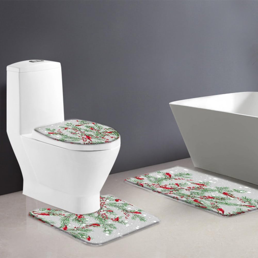 Juego de 3 alfombrillas de baño de pájaros rojos de Navidad, diseño de árbol de pino de Navidad, copos de nieve, rústico, invierno, vacaciones,