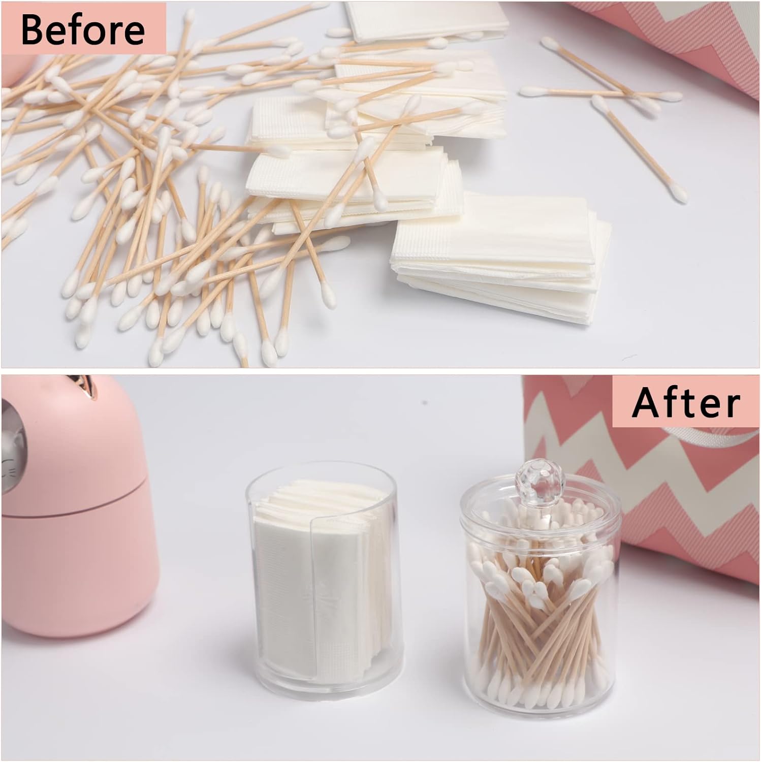Qtip – Dispensador de almohadillas de algodón para hisopos de algodón, bolas de algodón, hilo dental, 2 en 1, acrílico transparente, almohadillas de