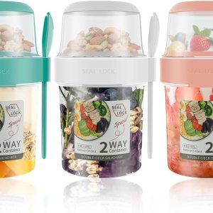Paquete de 3 recipientes de avena durante la noche, tazas de desayuno sobre la marcha de 30 onzas con tapa y cuchara, tarros de avena de 2 niveles, Paquete de 3 recipientes de avena durante la noche, tazas de desayuno sobre la marcha de 30 onzas con tapa y cuchara, tarros de avena de 2 niveles,