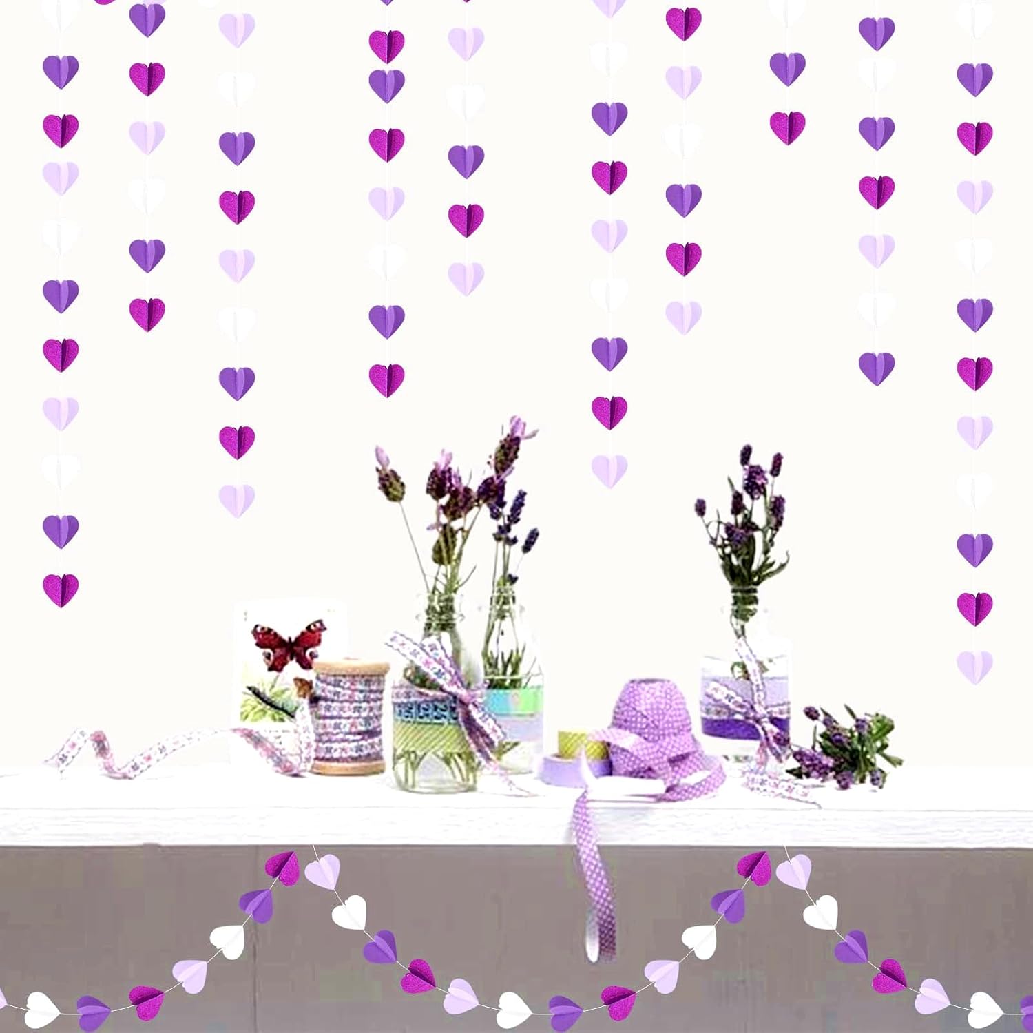 Guirnalda de corazones para decoración de fiesta de lavanda blanca y morada, 39 pies, suministros de cumpleaños 3D para mujeres y niñas, pancarta de