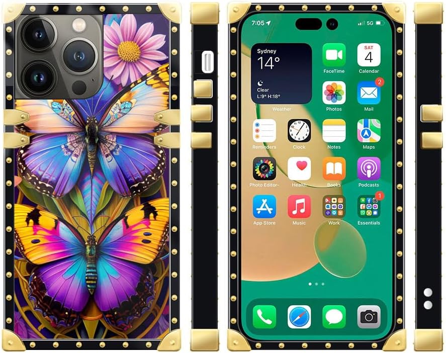 Funda cuadrada compatible con iPhone 15 Pro Max (6.7 pulgadas), hermosa mariposa Flosers dorada, de lujo, suave TPU duro, parte trasera de