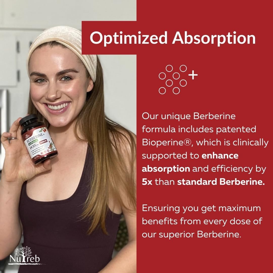 Suplemento de berberina de 1200 mg  5 veces mayor absorción  Ultra puro 98% Berberina HCL  Control de peso saludable, apoyo inmunológico  Sin OMG,