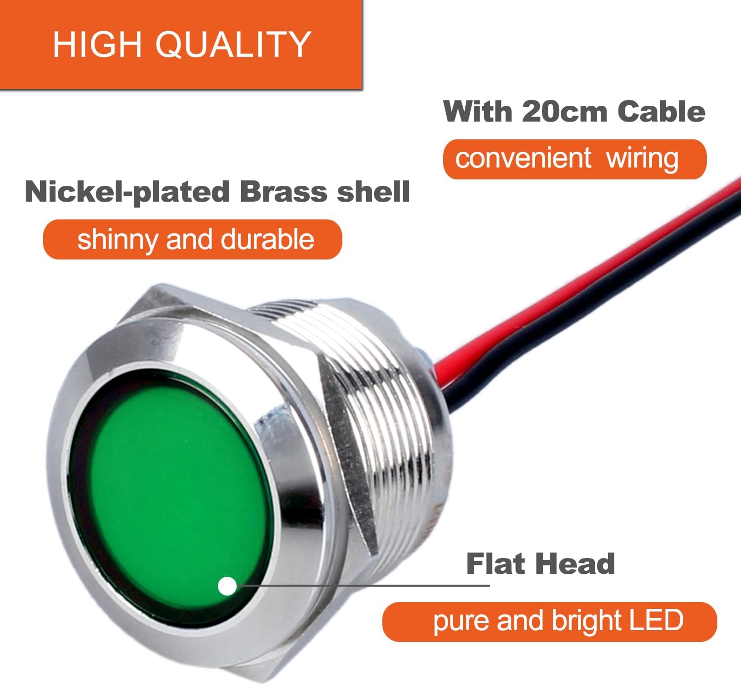 2 luces indicadoras LED de 0.866 in (78 pulgadas), 110-220VCA 20mA ahorro de energía de metal impermeable IP67 lámpara piloto LED cabeza plana con
