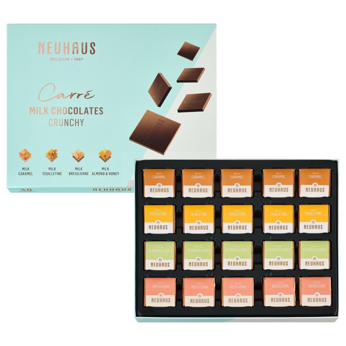 Neuhaus Caja de leche belga Carré de chocolate  40 chocolates con leche Neuhaus Carrés  4 variedades de leche crujiente  Envueltos individualmente