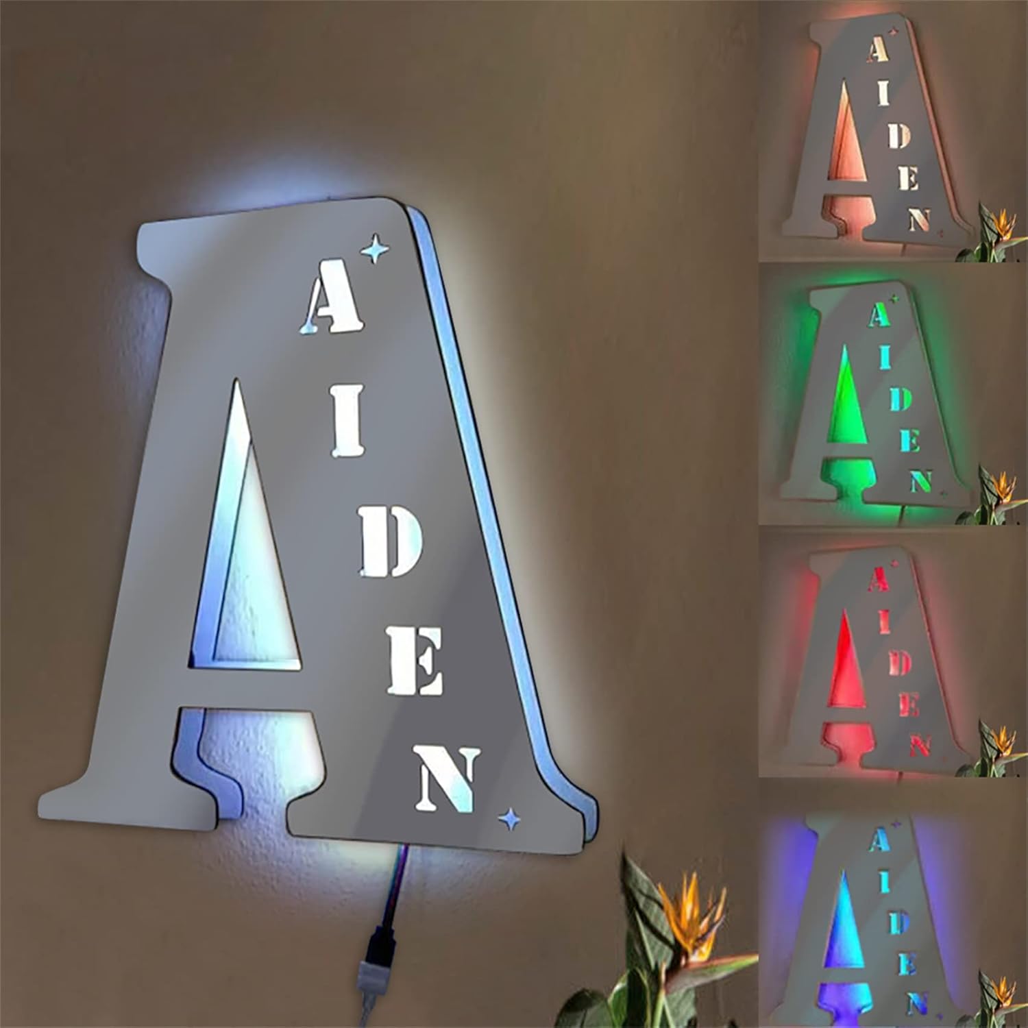 Letrero de espejo de letra personalizado con luces LED, letrero de espejo con nombre de neón personalizado con luces LED, decoración de pared para
