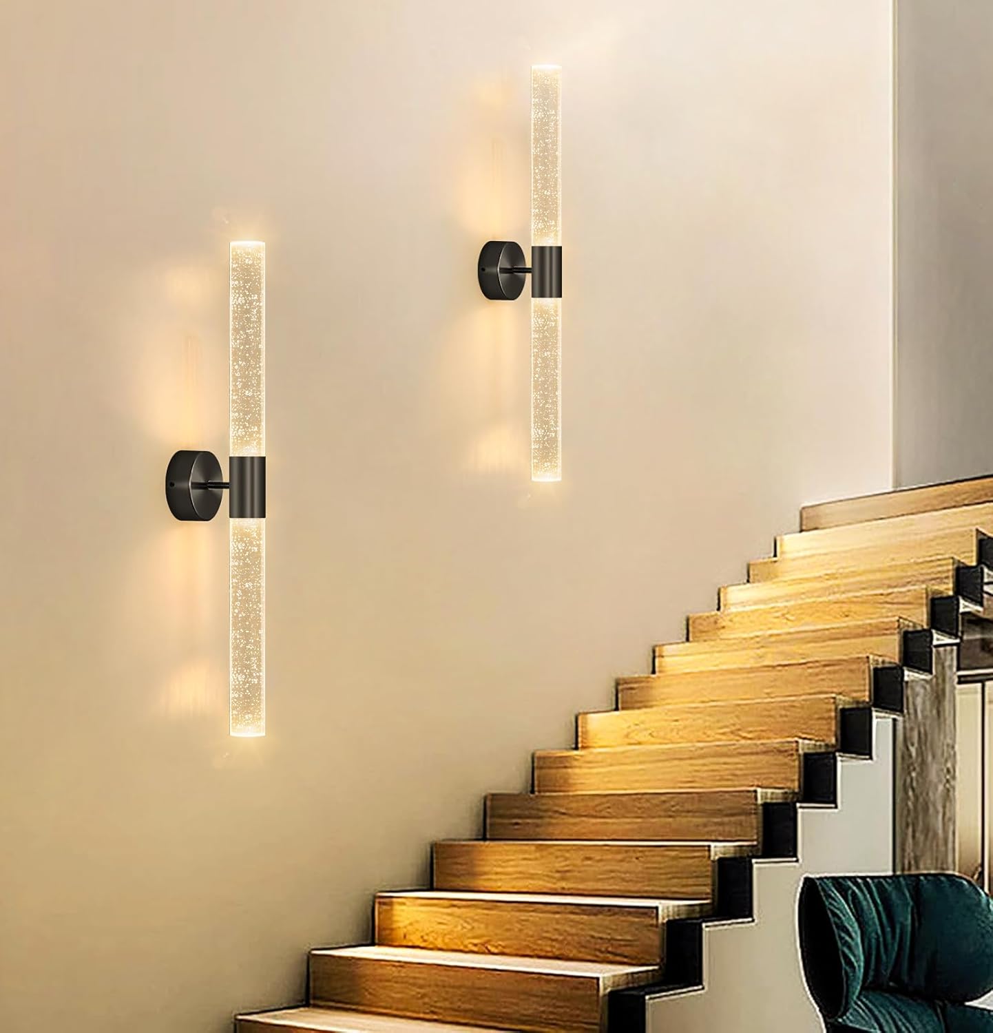 Juego de dos apliques de pared negros modernos LED para comedor, iluminación de pared de 30 W, 3000 K, luces de pared LED de cristal con cable para
