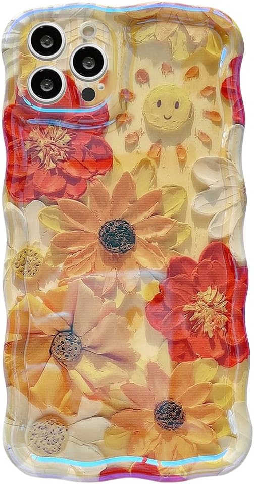 Kurhero Funda para iPhone 14 Pro con bonito diseño de borde ondulado transparente IMD con bonitas flores de patán, duradera, moderna, retro, de