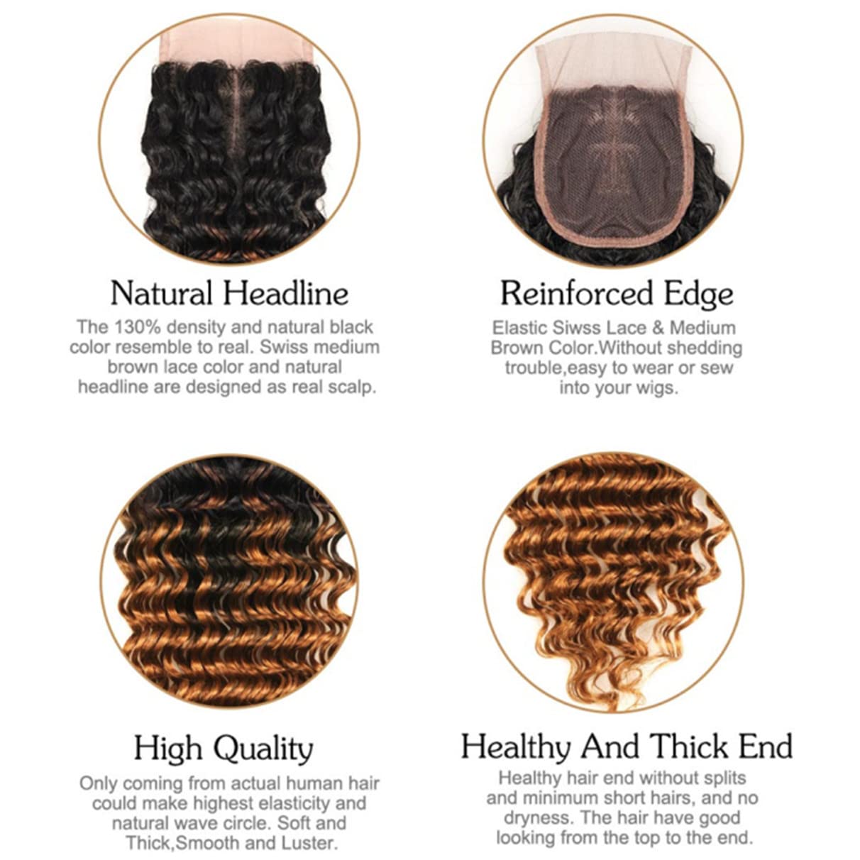 Ombre rubio miel 1B 30 onda profunda 4×4 cierre de encaje 100% cabello humano virgen brasileño sin procesar rizado profundo línea de cabello