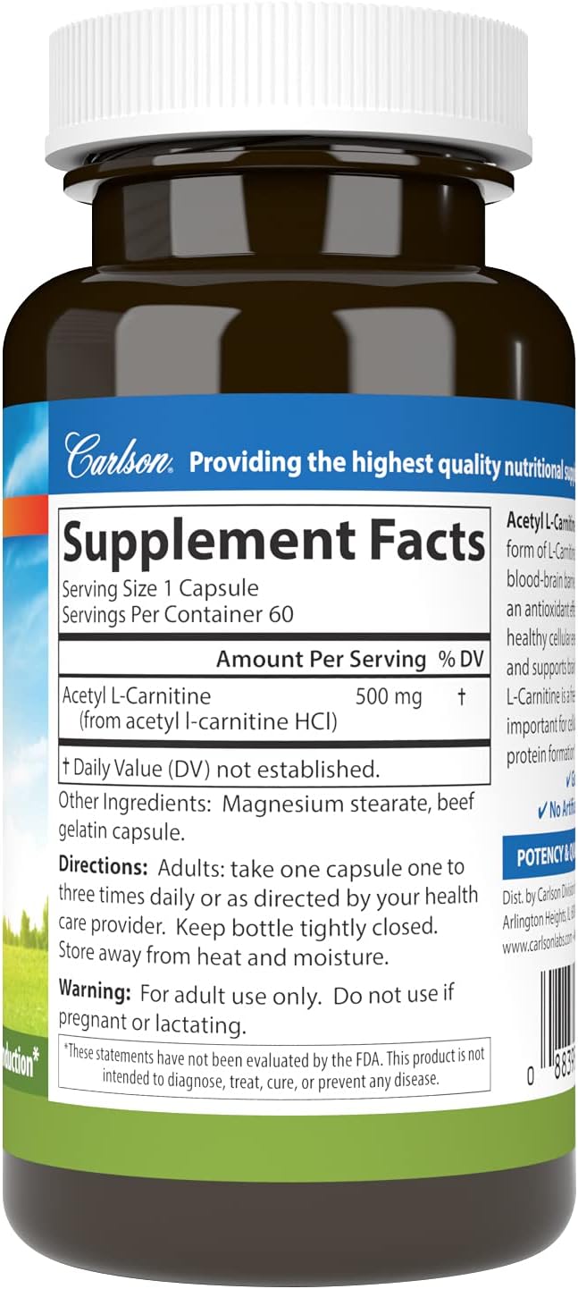 Carlson Labs Acetil L-Carnitina, 500 mg, 60 cápsulas