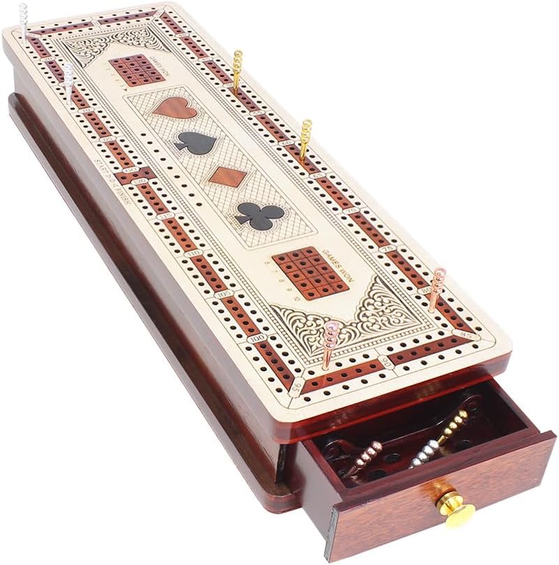 Tabla continua de 3 pistas para cuna en arce y madera de sangre. Símbolos de tarjetas con incrustaciones (trajes) + cajón de almacenamiento para