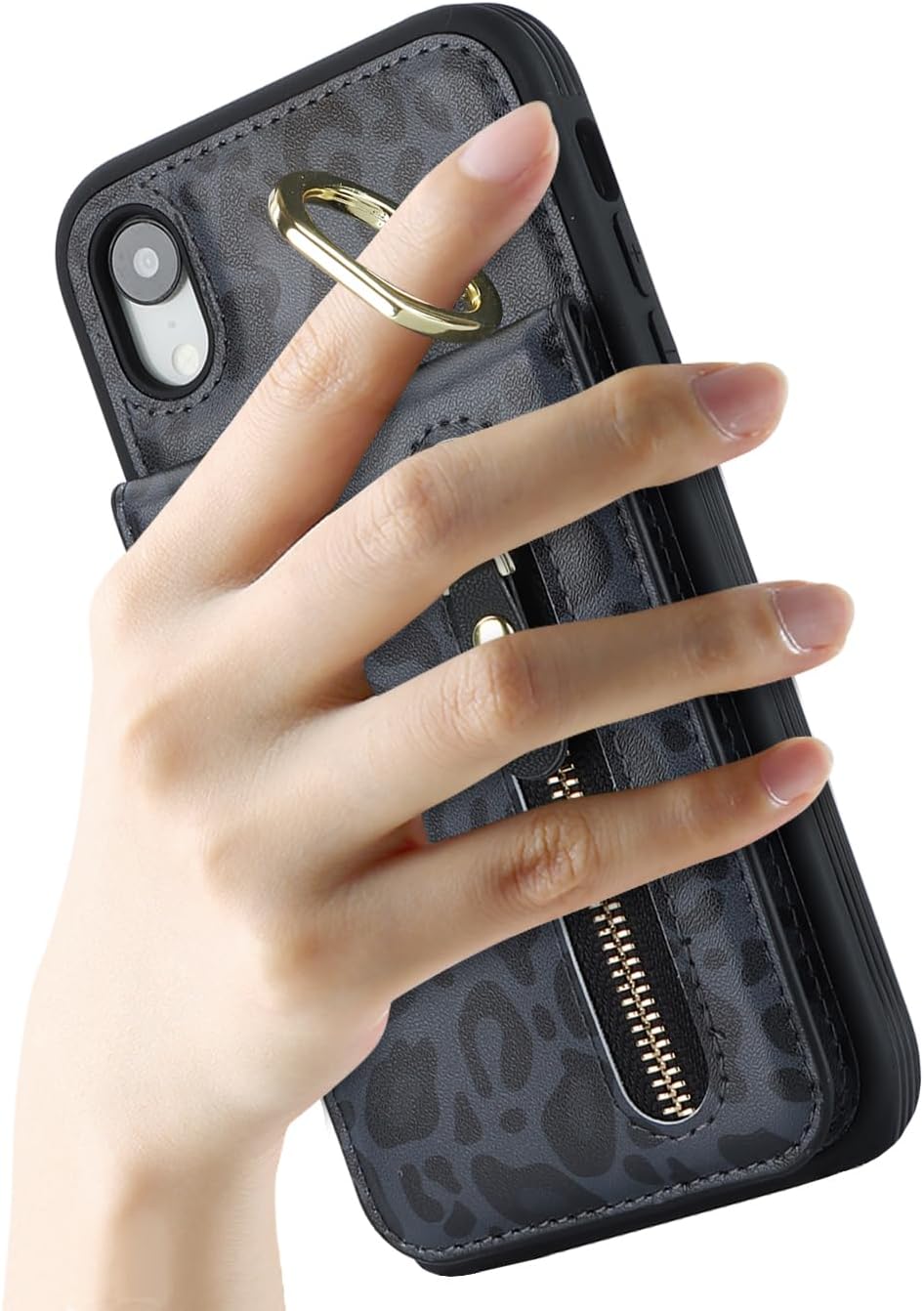 Funda para iPhone XR para mujer, funda para iPhone XR con tarjetero con tarjetero con soporte para tarjeta de crédito con anillo, cierre de