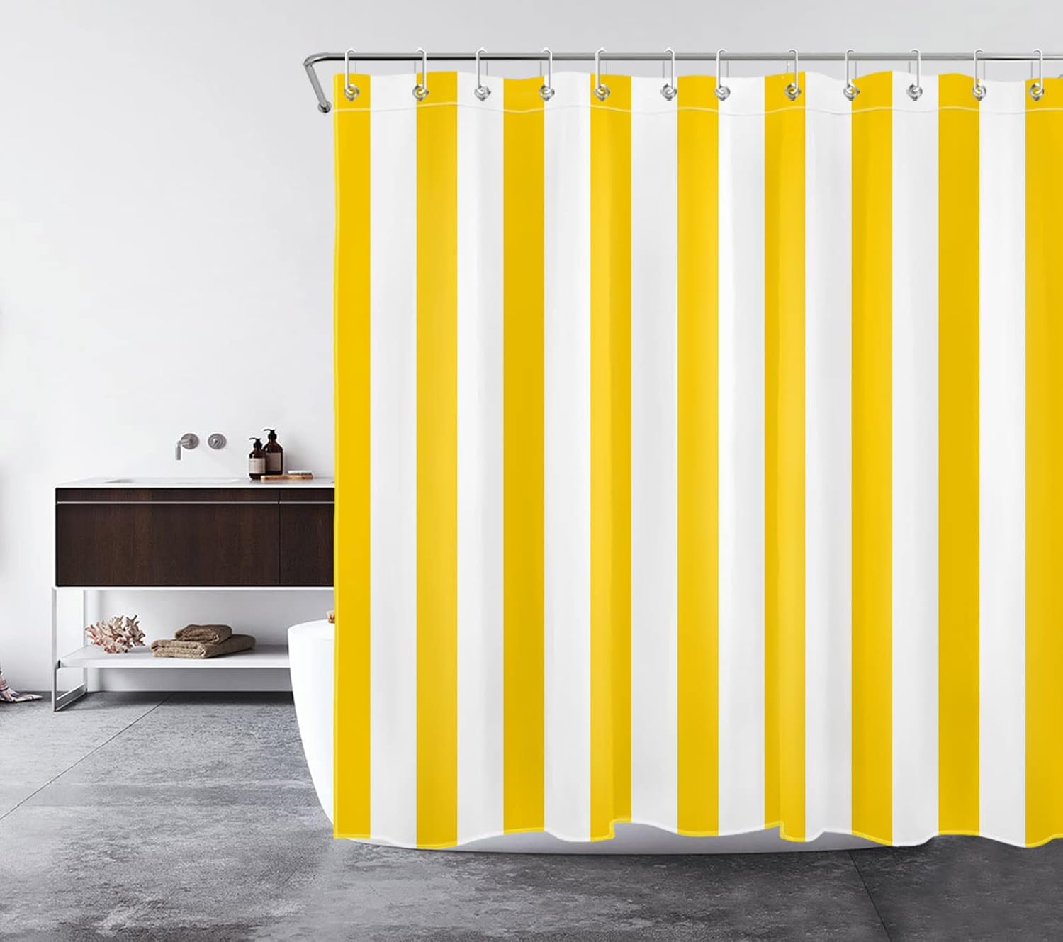 LB Yellow and White Shower Curtain for Bathroom, Modern Striped Bathroom Curtains Geometric Patterns Vertical Stripe Washable Polyester Fabric