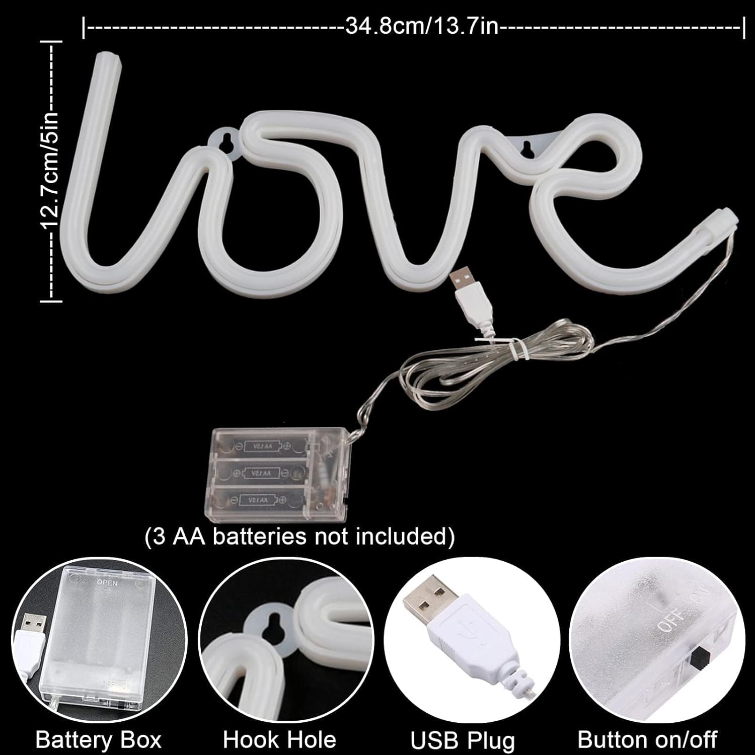Letreros de neón de amor, luz de neón USB o batería para decoración de dormitorio, letreros de pared de neón para niñas, luces LED de neón para el