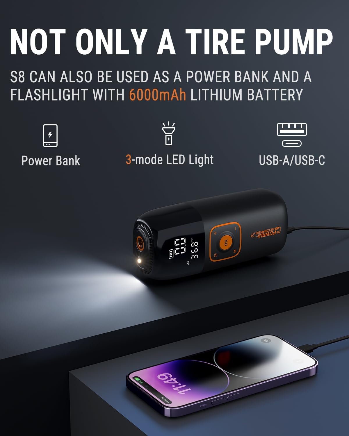 Powrun Compresor de aire portátil con inflador de neumáticos S8, bomba de neumáticos de coche de 150 PSI con batería de 6000 mAh, bomba de bicicleta