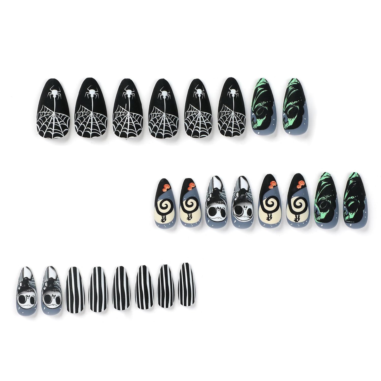 Uñas a presión de Halloween, uñas a presión de almendra, uñas largas a presión para mujeres con diseños de dibujos animados, cobertura completa,
