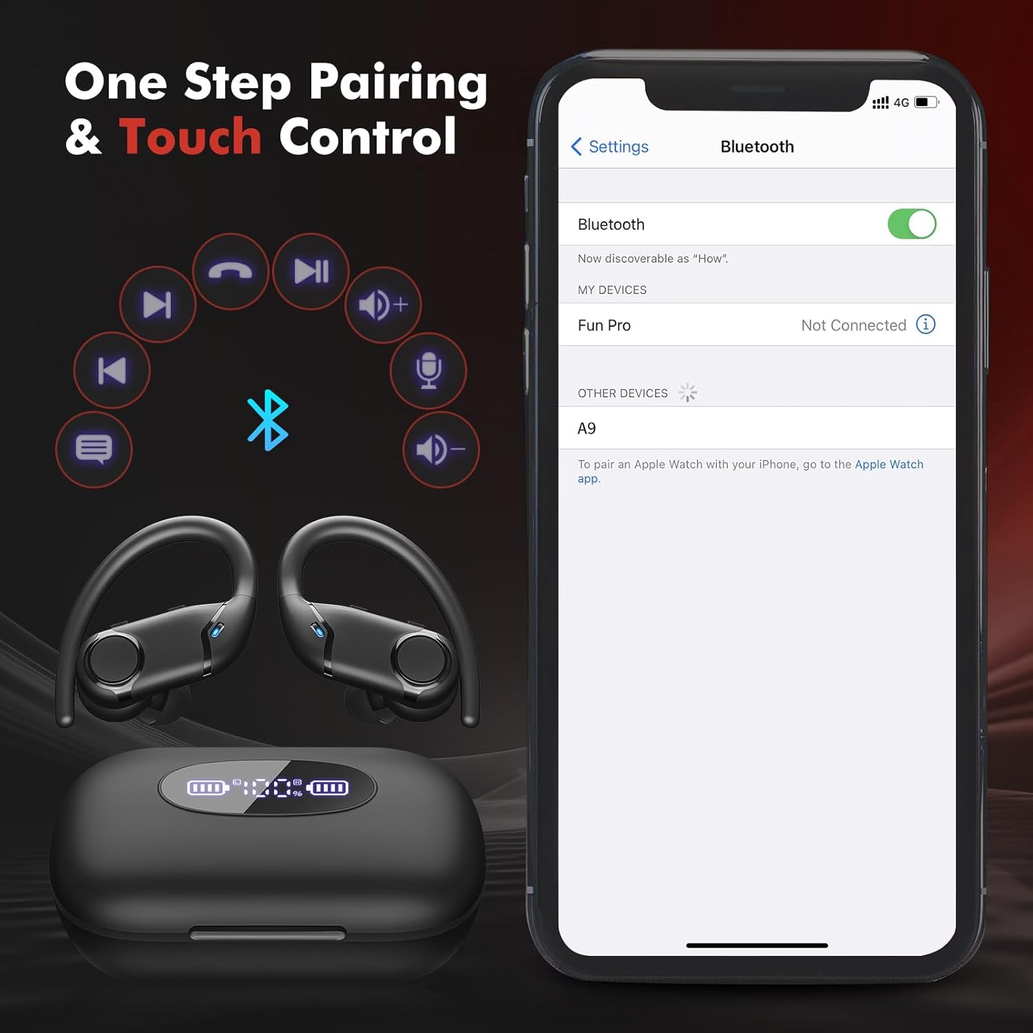 Auriculares inalámbricos Bluetooth de reproducción de 80 horas con estuche de carga inalámbrica y pantalla de alimentación dual Auriculares estéreo