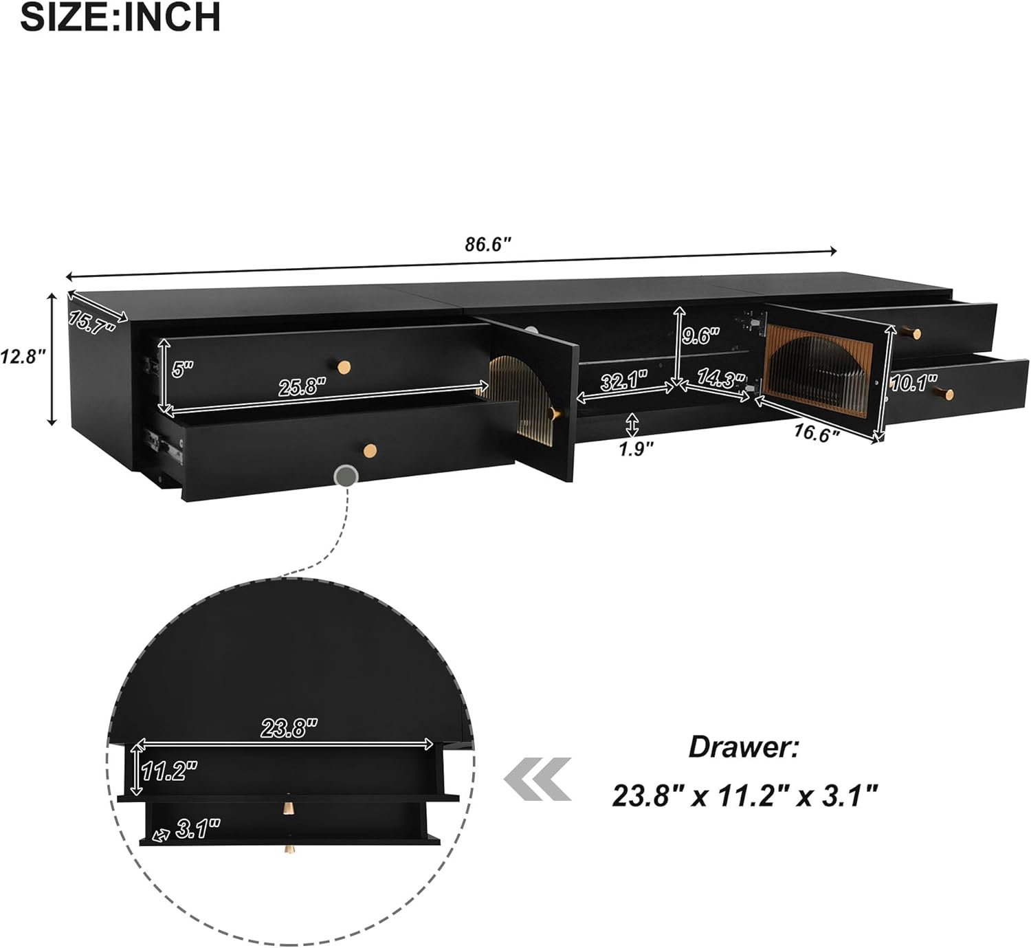 Voohek Lujoso soporte de perfil bajo con 2 puertas de vidrio estriado, centro de entretenimiento con 4 cajones, mesa consola multimedia para
