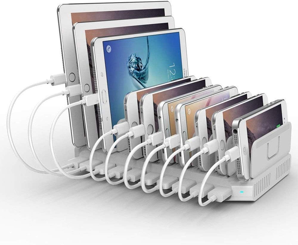 Alxum Estación de carga para iPad, estación de carga USB de 96 W y 10 puertos para tableta y más dispositivos múltiples organizadores con divisores