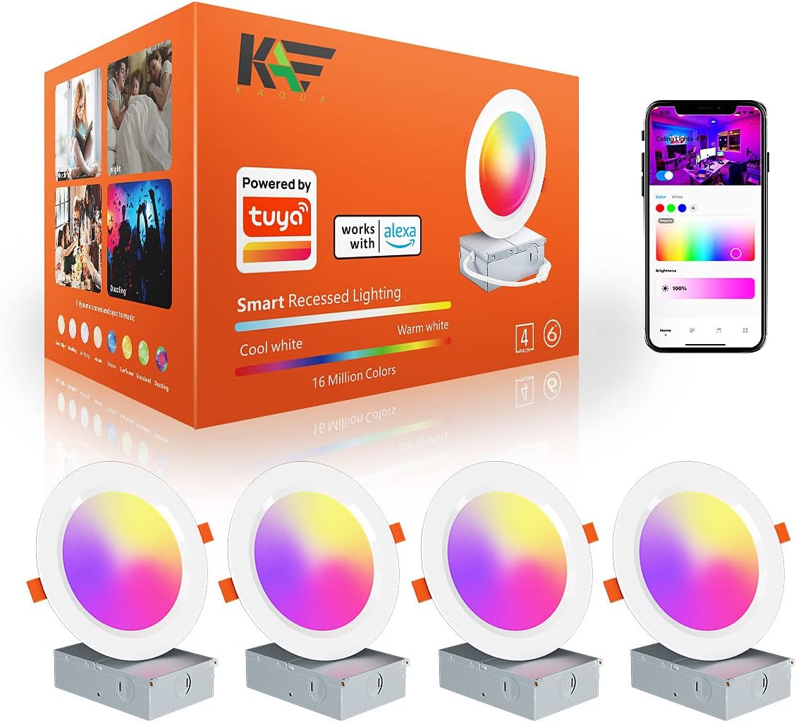 Kaqur – Iluminación empotrable inteligente WiFi de 6 pulgadas, 12 W, 1300 lm, RGBCW, LED inteligente con caja de conexiones, funciona con