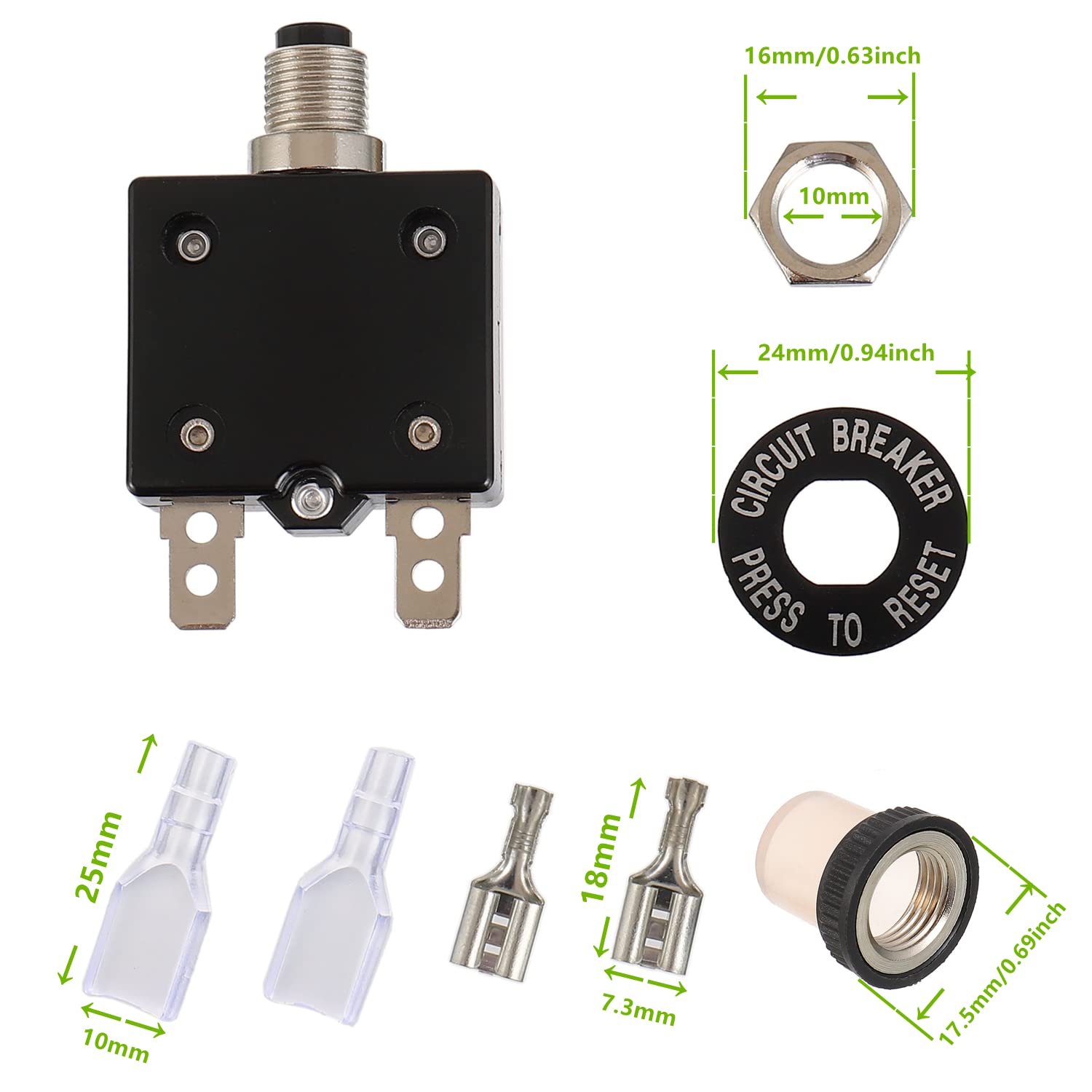 Disyuntor de botón de reinicio manual de 15 A, 125250 V, CA, 50 V, CC, protector de sobrecarga térmica con terminales de conexión rápida y tapas de